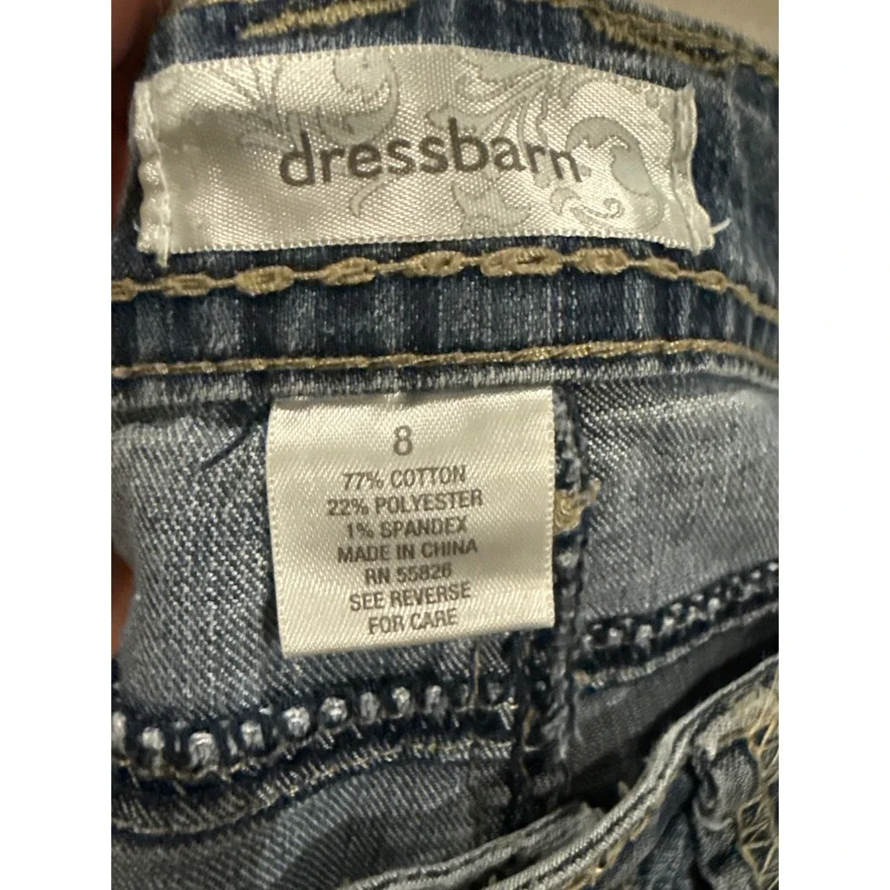 Dressbarn Womens Denim Midi Skirt‎ Size 8 Blue A-Line Stretch Faded Jean Skirt